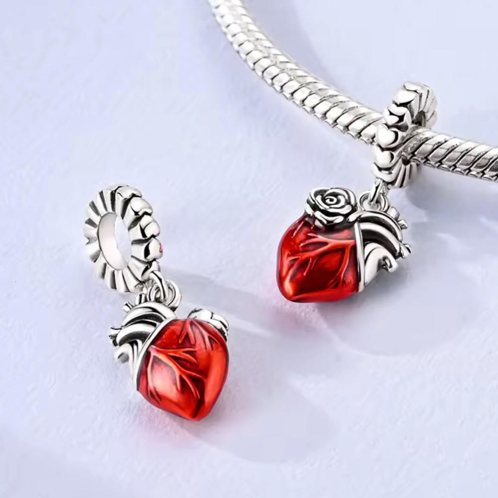 Sterling Silver Red Crystal Heart Rose Charm Pendant